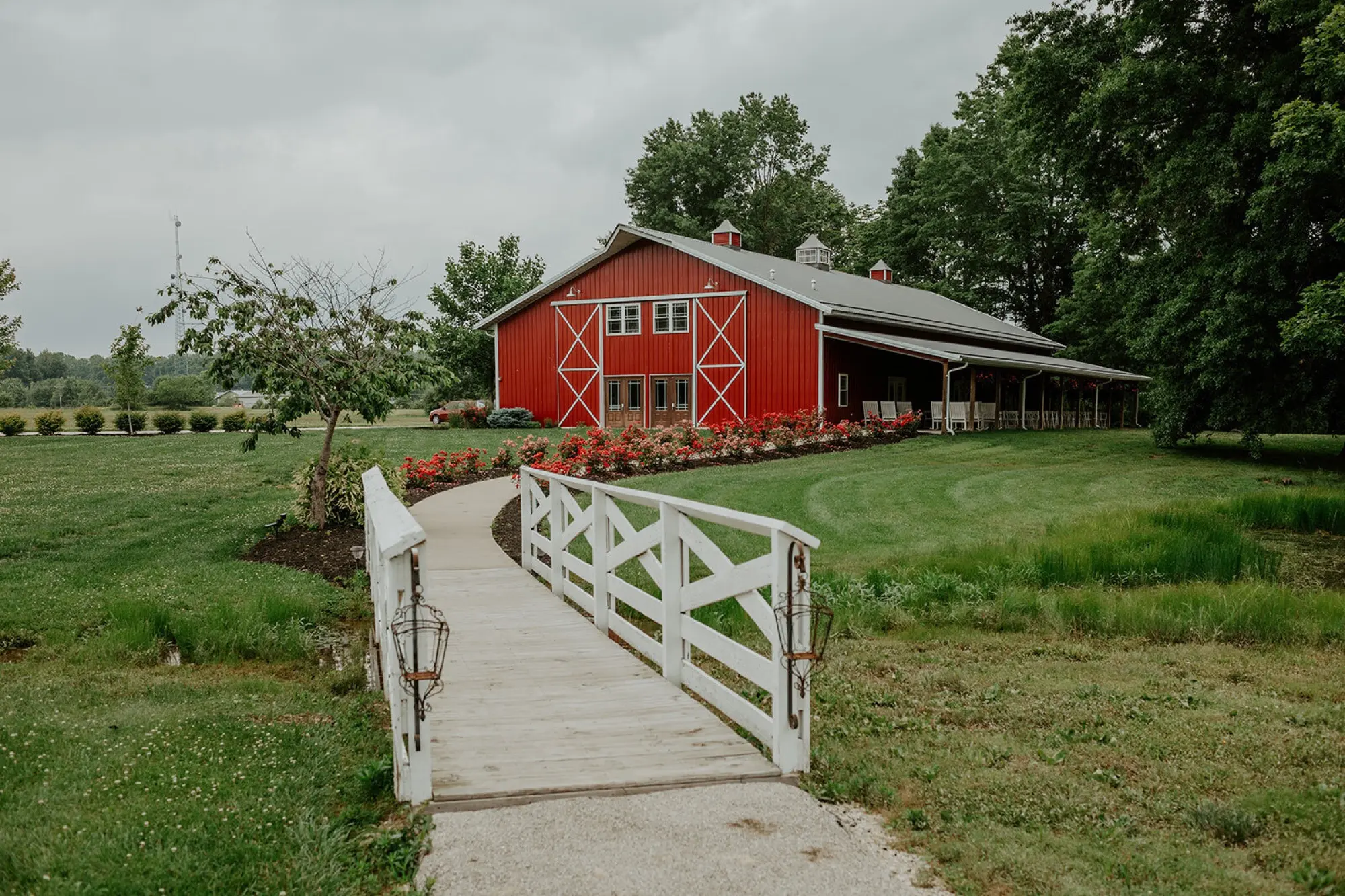 Abram Farms barn exterior at sunset