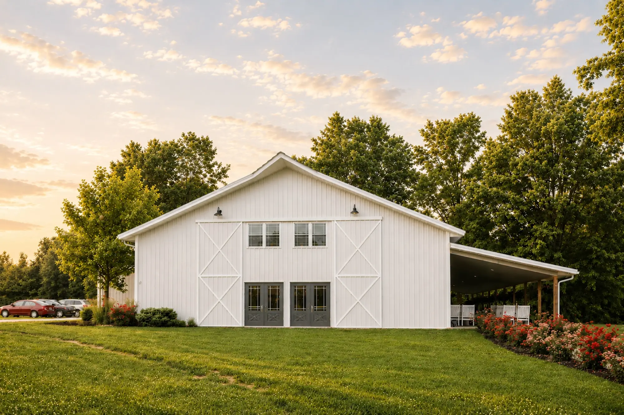 Rendering of the 2027 white barn exterior at Abram Farms, front daytime view
