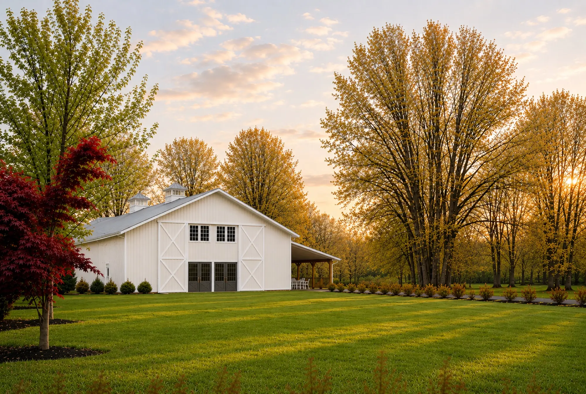 Rendering of the 2027 white barn exterior at Abram Farms, side view with covered porch